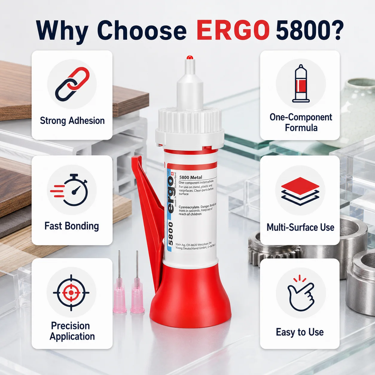 ERGO 5800 Instant Adhesive Glue Multi-Surface Fast Bonding Precision Nozzle For Metal Wood Plastic Glass Ceramic Repair 20g
