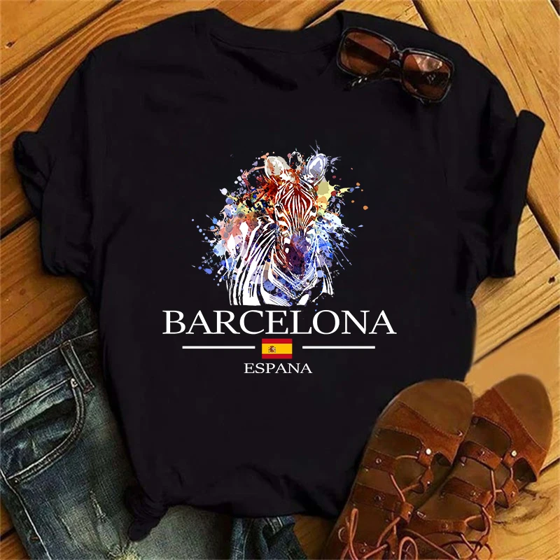 Barcelona Eagles Lions Leopards Print Women\'s T-Shirts Esppana Letter ​Harajuku Unisex Luxury TShirts Summer Short Sleeve Top