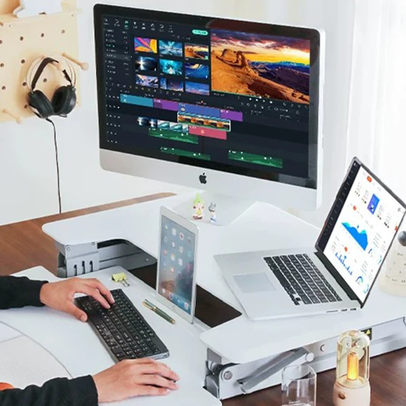 Height Adjustable Standing Desk Riser Manual Computer Heightening Stand Dual Tier Desktop Monitor Holder Office Workstation Rack