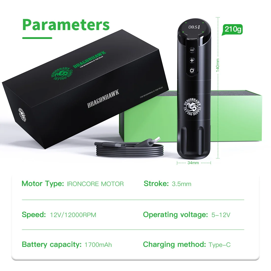Dragonhawk X2 Wireless Tattoo Machine 3.5mm Stroke 1700mAh