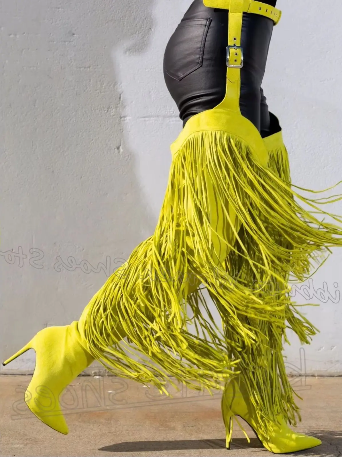 

Over The Knee High Pant Boots Tassel Fringe Belted Side Zipper Solid Color Suede Fashion Novelty Sexy New Pointed Toe Thin Heel