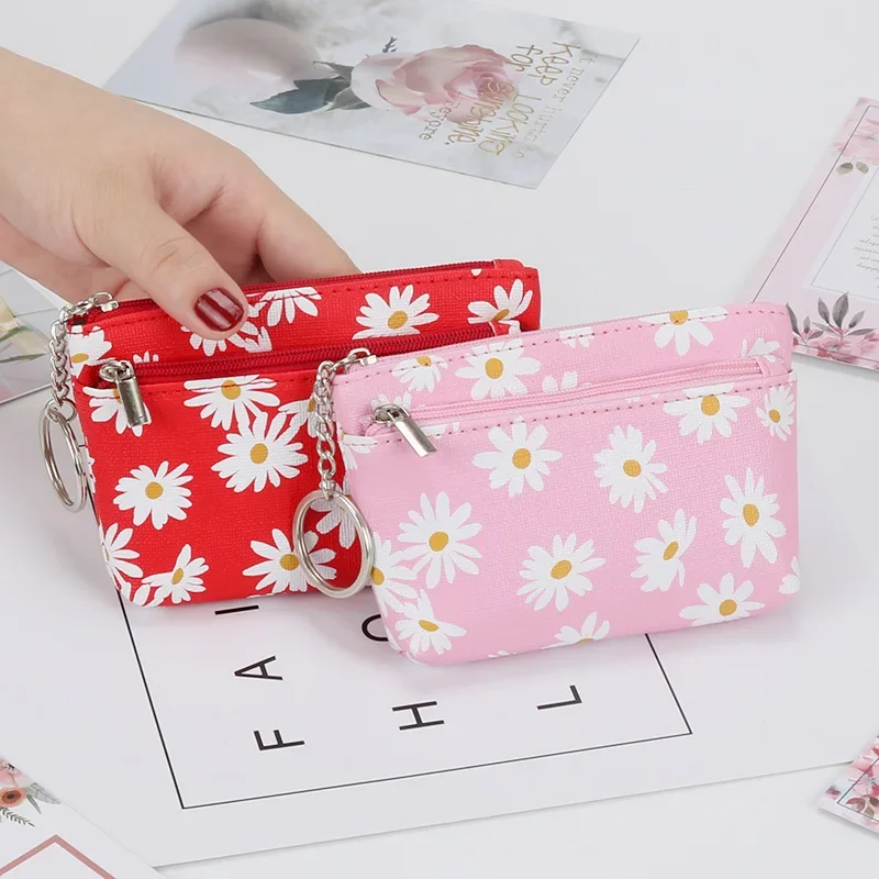 Monedero de cuero para mujer, cartera con ranuras para tarjetas, bolsas para dinero con margaritas y flores, monederos para cambio, Mini billeteras para niños, llavero