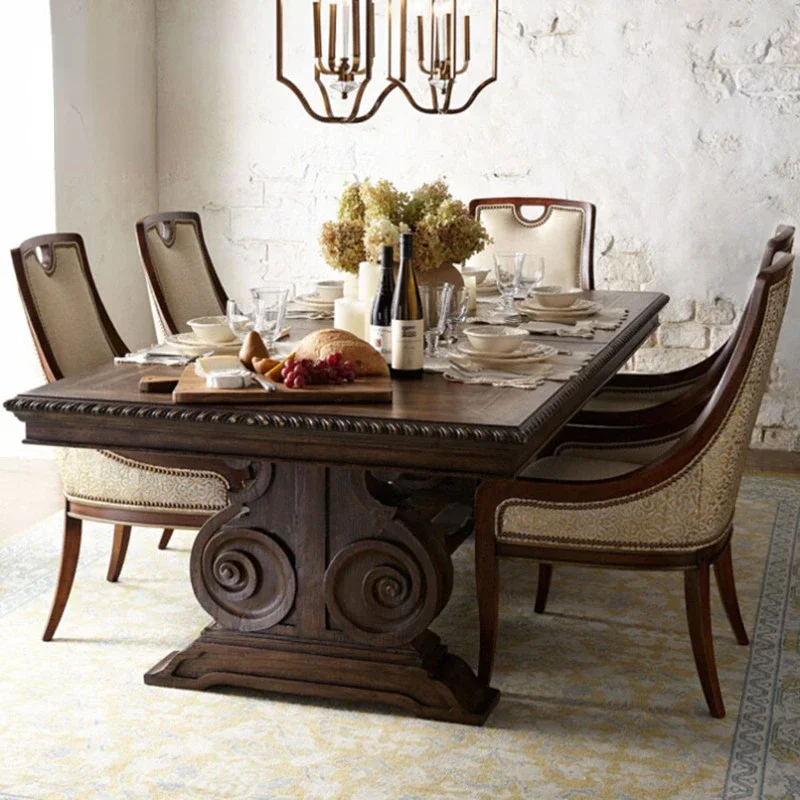 

American Light Luxury Solid Wood Dining Tables and Chairs Set French Country RetroRectangularDining Table Neoclassical Furniture