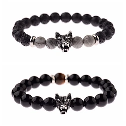 2023 Fashion Silver Color Wolf Head Charm Men Bracelets Classic 8mm Black&Tiger Eye Stone Beads Bracelet Homme Gift