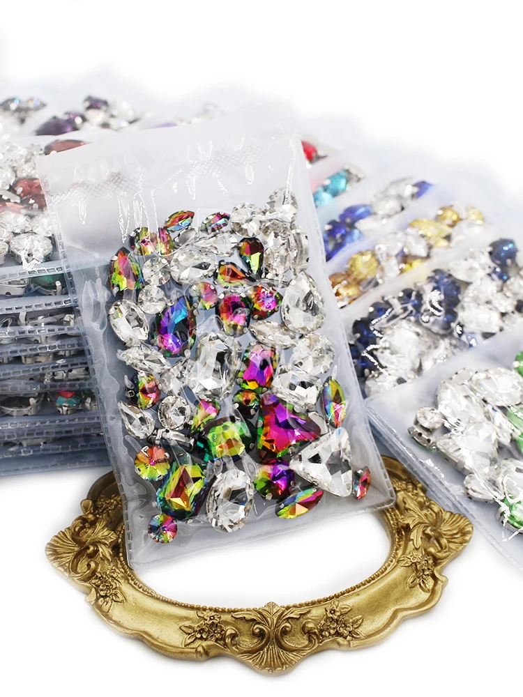 50pcs/bag mixed shape crystal glass rhinestones Green  AB faltback sew on rhinestones diy clothing accessories