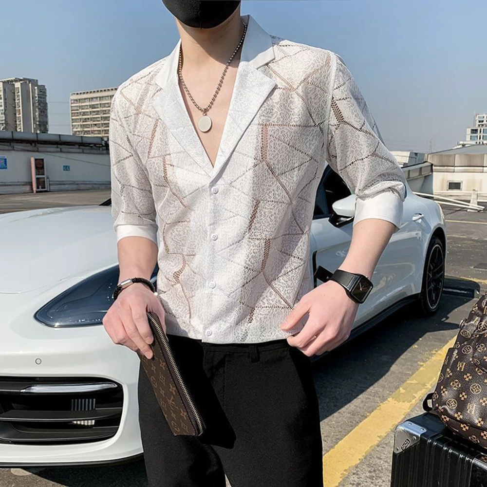 

Mens Shirts Irregular Hollow Nightclub Shirts Streetwear Fashion Trend Ballroom Niche Short-Sleeved Tops Men'S Clothing 2025 New