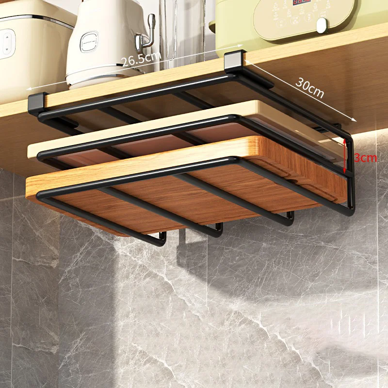 Under Kitchen Cabinet Hanging Organizer Cutting Board Storage Rack Paper Towel Holder No Punch Pot Lid Storage Kitchenware Hook