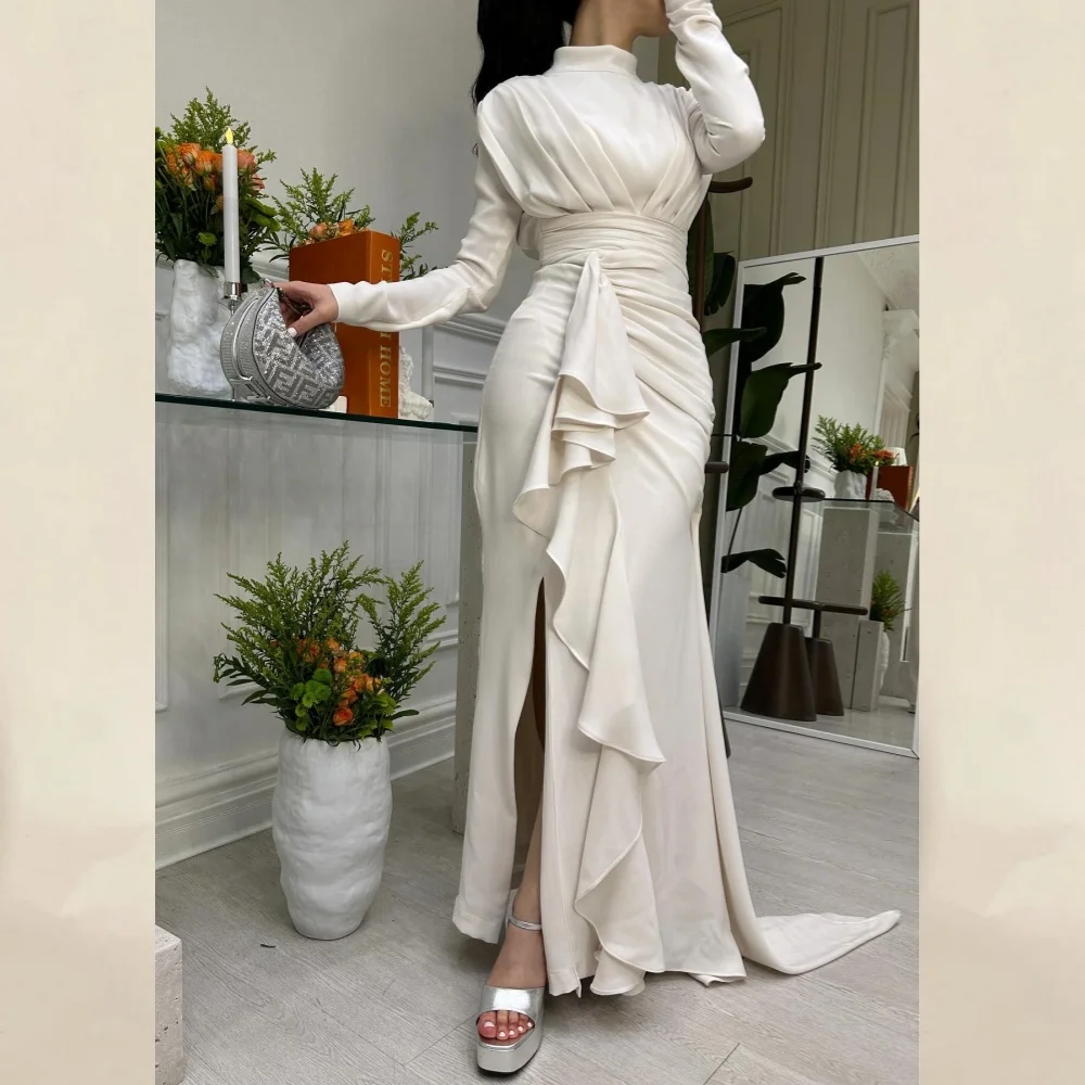 Jiayigong  Prom Satin Pleat Wedding Party Sheath High Collar Bespoke Occasion Gown Long Dresses