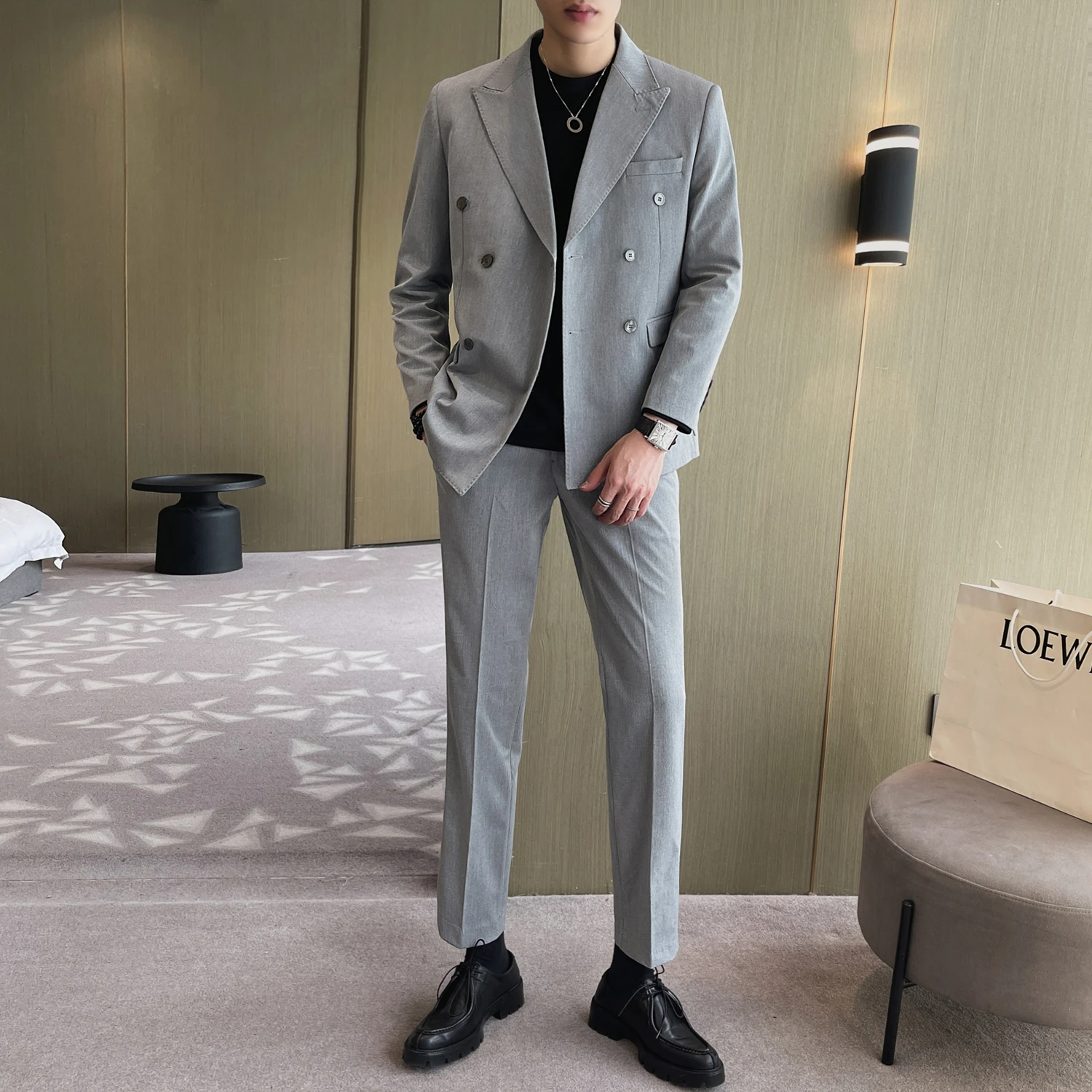 

（Jacket+Pants）Exquisite British Stretch Fit Men's Wedding Groomsman Dress Men's Double-breasted Business Formal Social Wear Suit