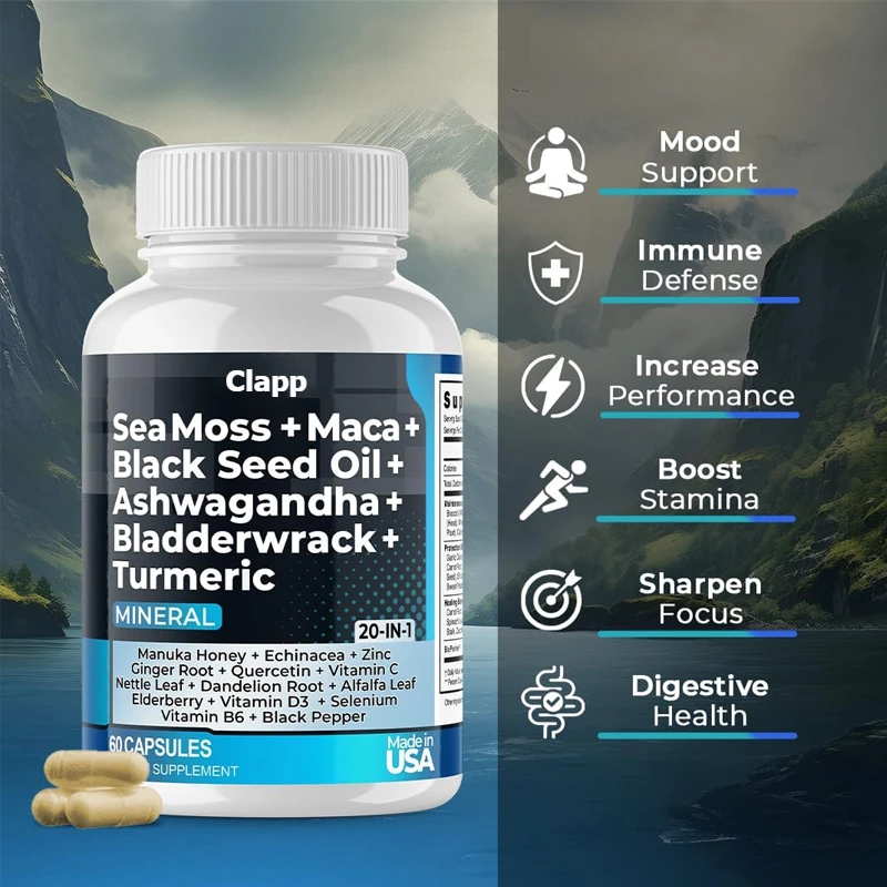 

Sea Moss 3000mg Maca Black Seed Oil South African Drunken Eggplant Bladerwack, Turmeric - Vitamin C and D3, Chlorophyll, Zinc