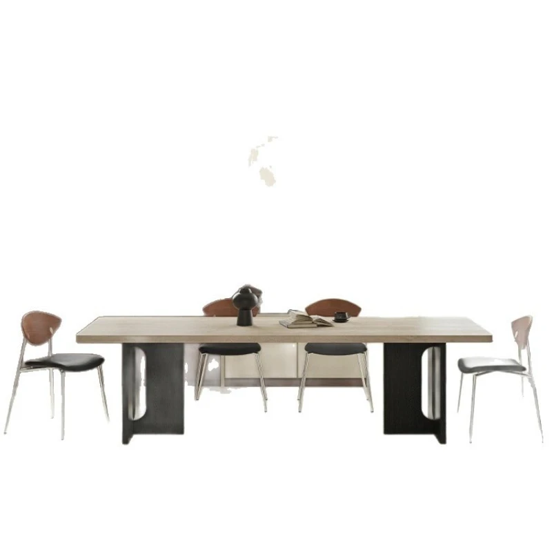 

French retro medieval solid wood travertine rock slab dining table combination, household rectangular