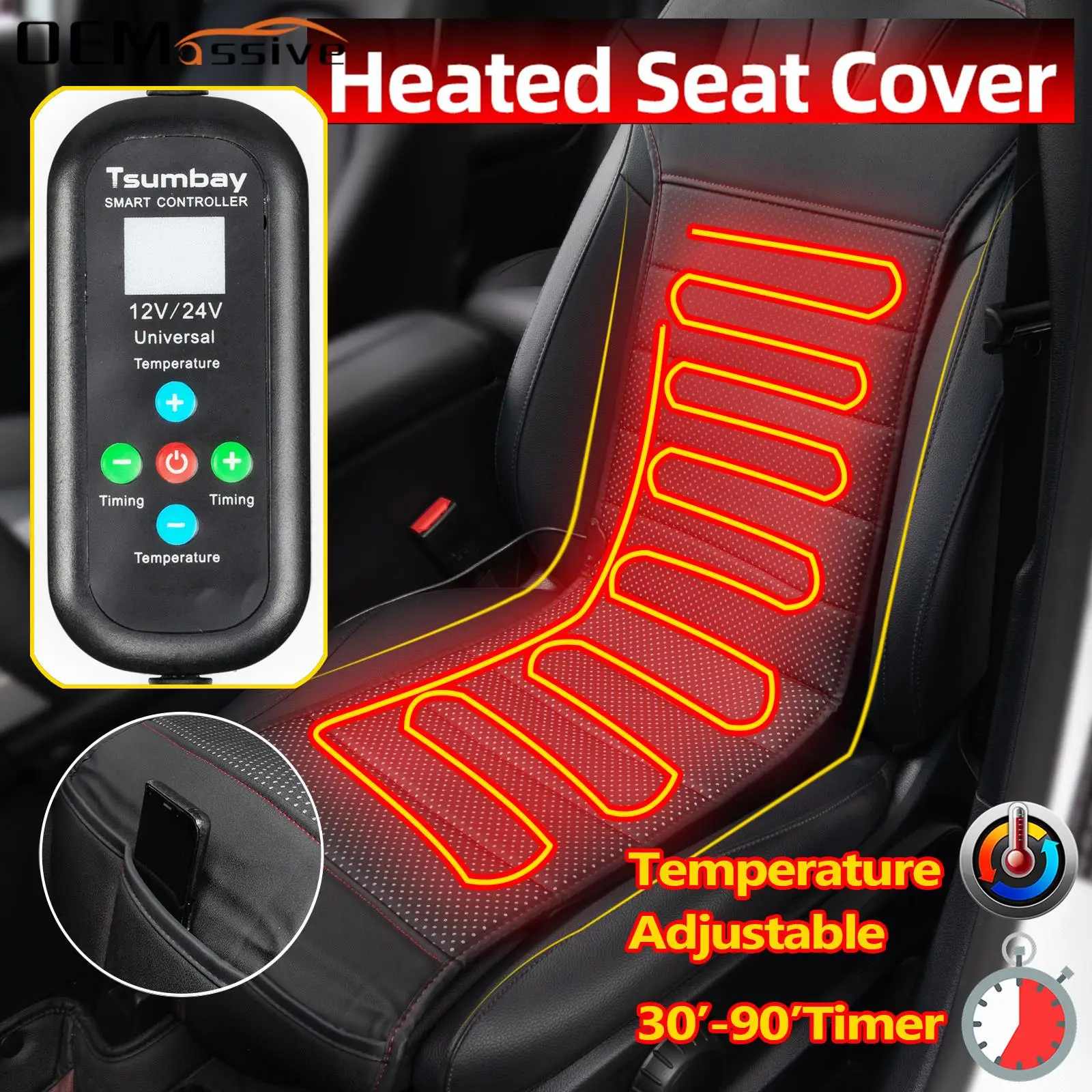 PU Leather Heated Car Seat Cover Cushion W/ Integrated Remote 12V 24V Universal Heater Warmer Cold Winter Pad Black Protector