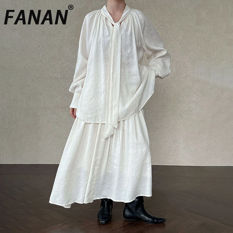 

FANAN Elegant 2 Piece Set For Women Lace-up Round Neck Long Sleeve Shirts+high Waist A-line Skirts Female Suits 2025 Autumn New