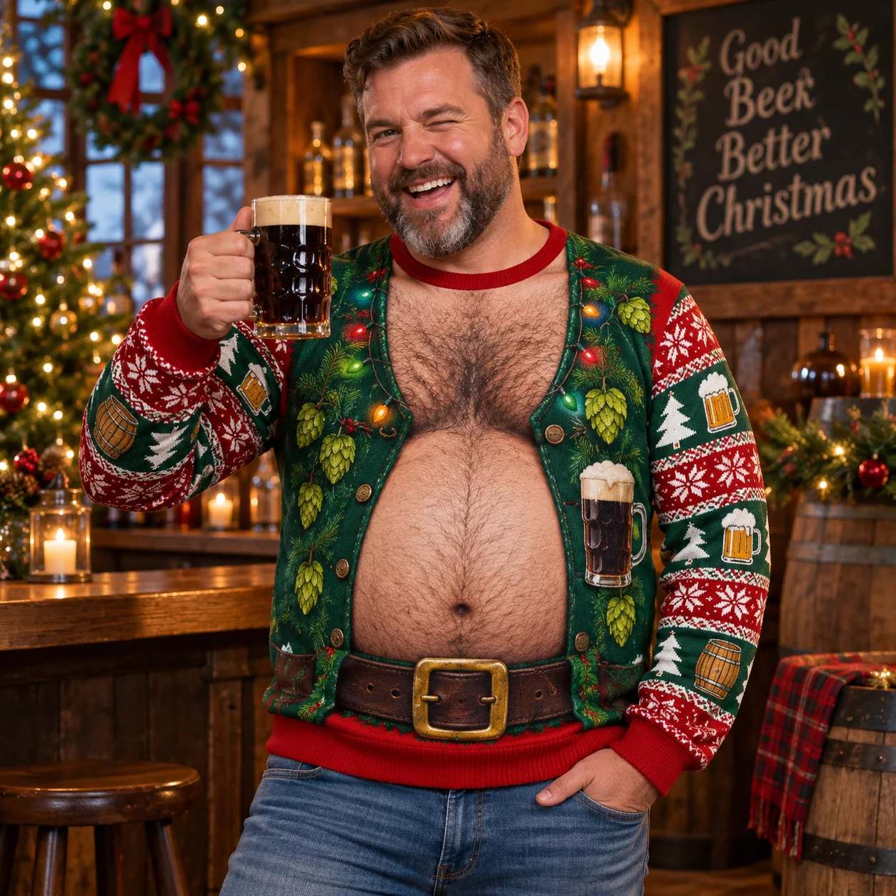 Beer Belly Dad Bod Ugly Christmas Sweater Men 3D Print Polyester Crewneck Sweatshirt Funny Pub Holiday Pullover