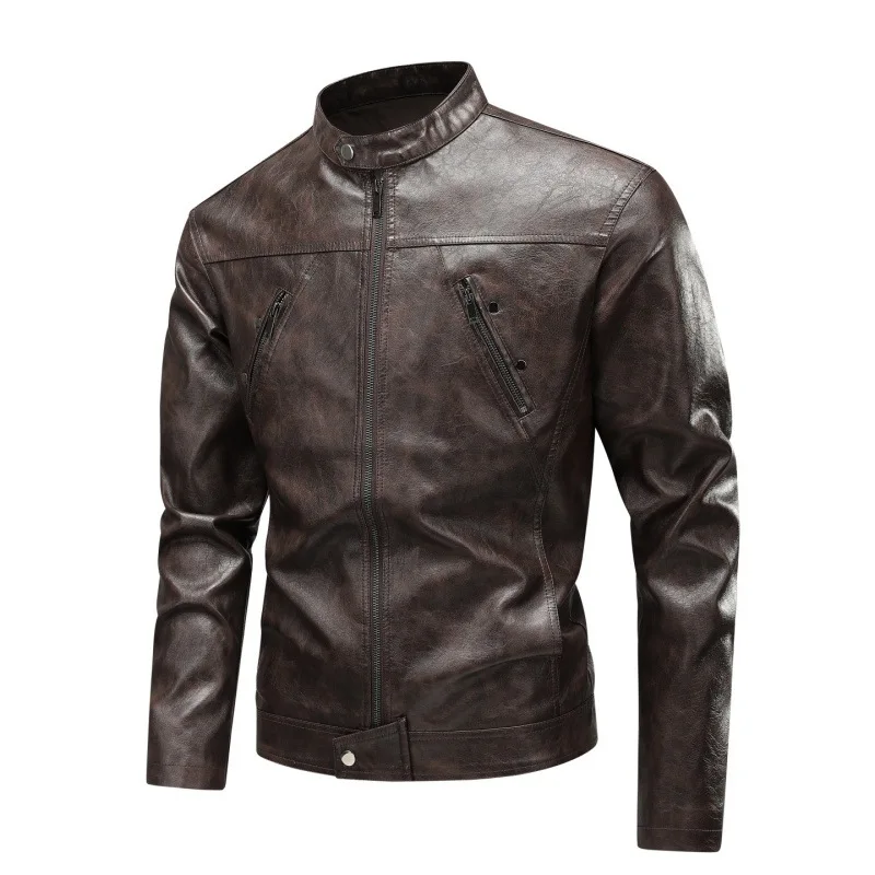 KIDWHXR Autumn Leather Coat Men Motorcycle Punk Windproof Waterproof Stand Collar Man Jacket Slim Long Sleeve Male Outerwear