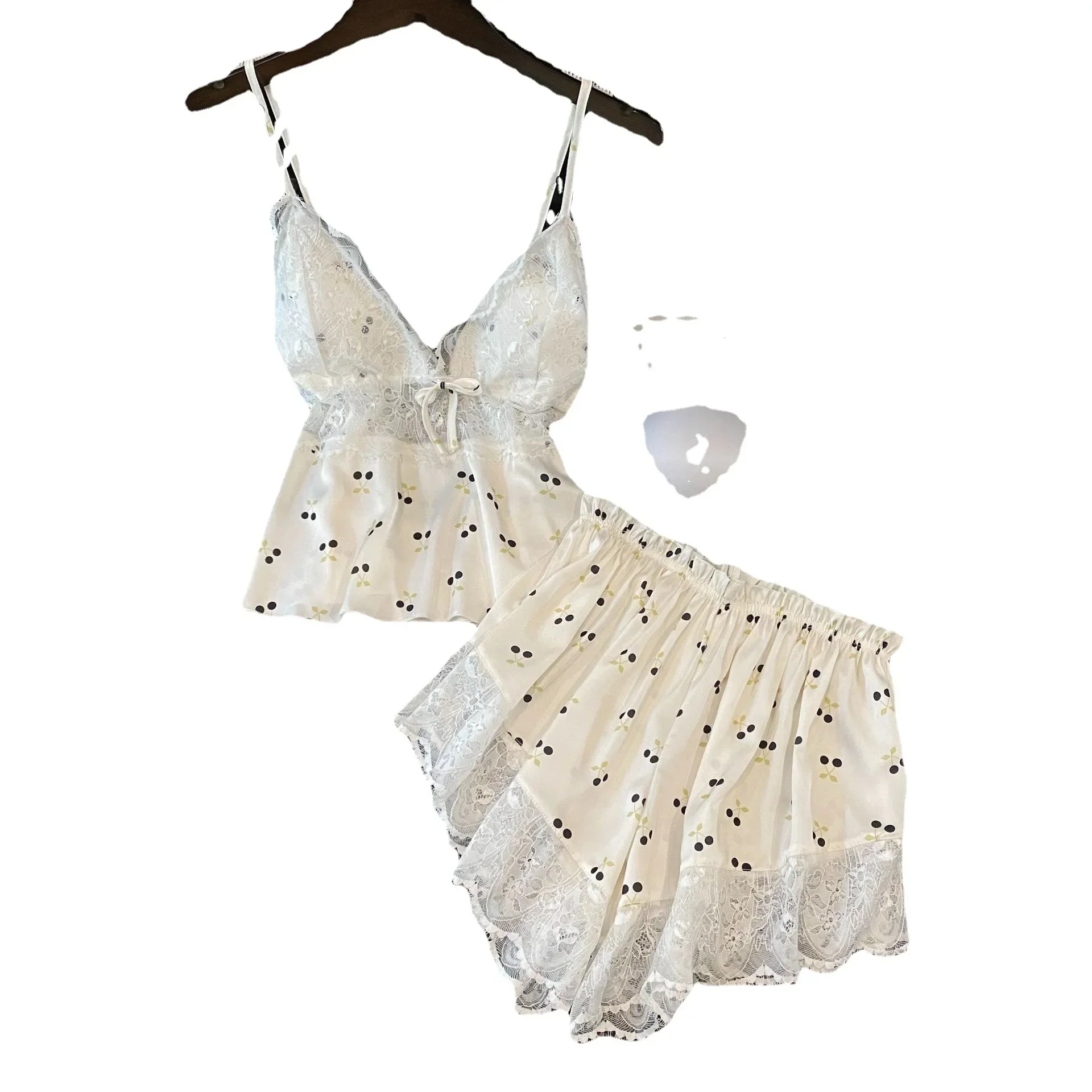 夏の女性のパジャマランジェリー 2 ピースレースパジャマセットセクシーなノースリーブパジャマスーツサテンサスペンダートップ & ショーツホームウェア