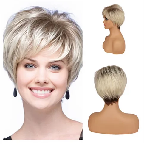 Short Blonde Wigs for White Women Layered Mixed Blonde Pixie Cut Wigs with Bangs Synthetic Short Hair Replacement Wigs