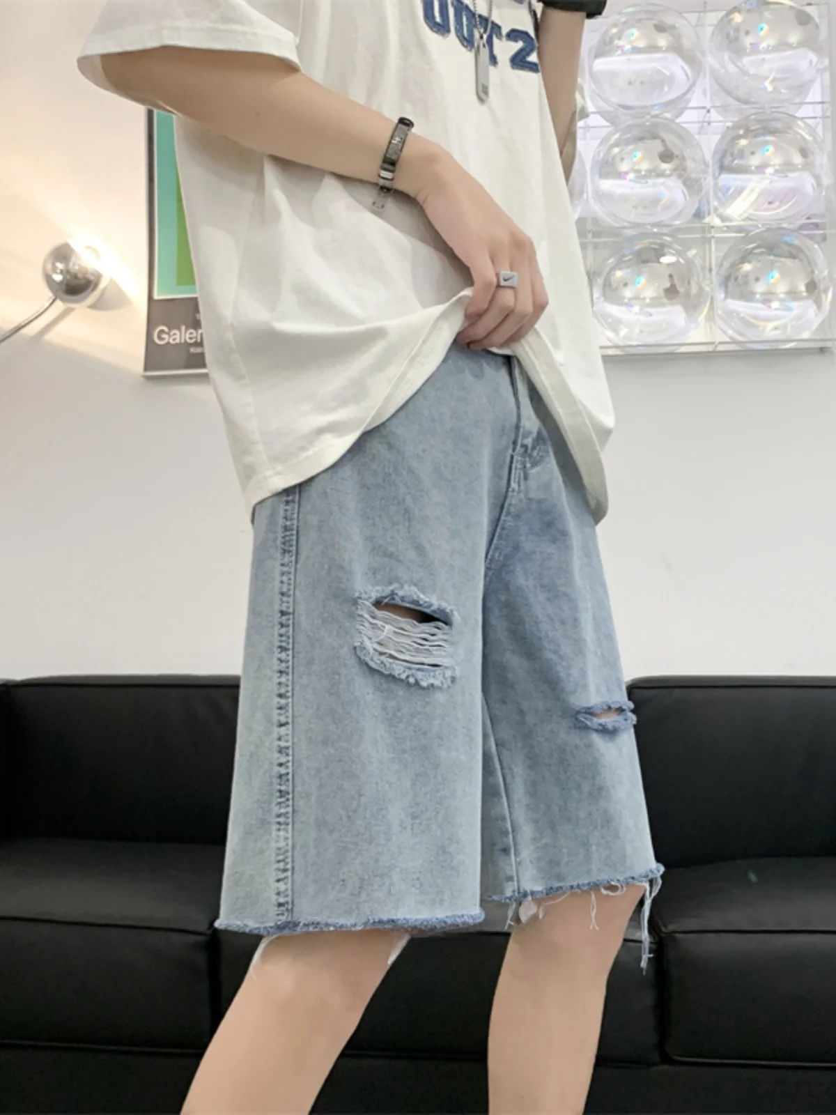 Summer Thin Washed Jeans Short Pants Men's Handsome Loose Wide Hem Five-Point Casual Fashionable Straight Leg Jeans Shorts