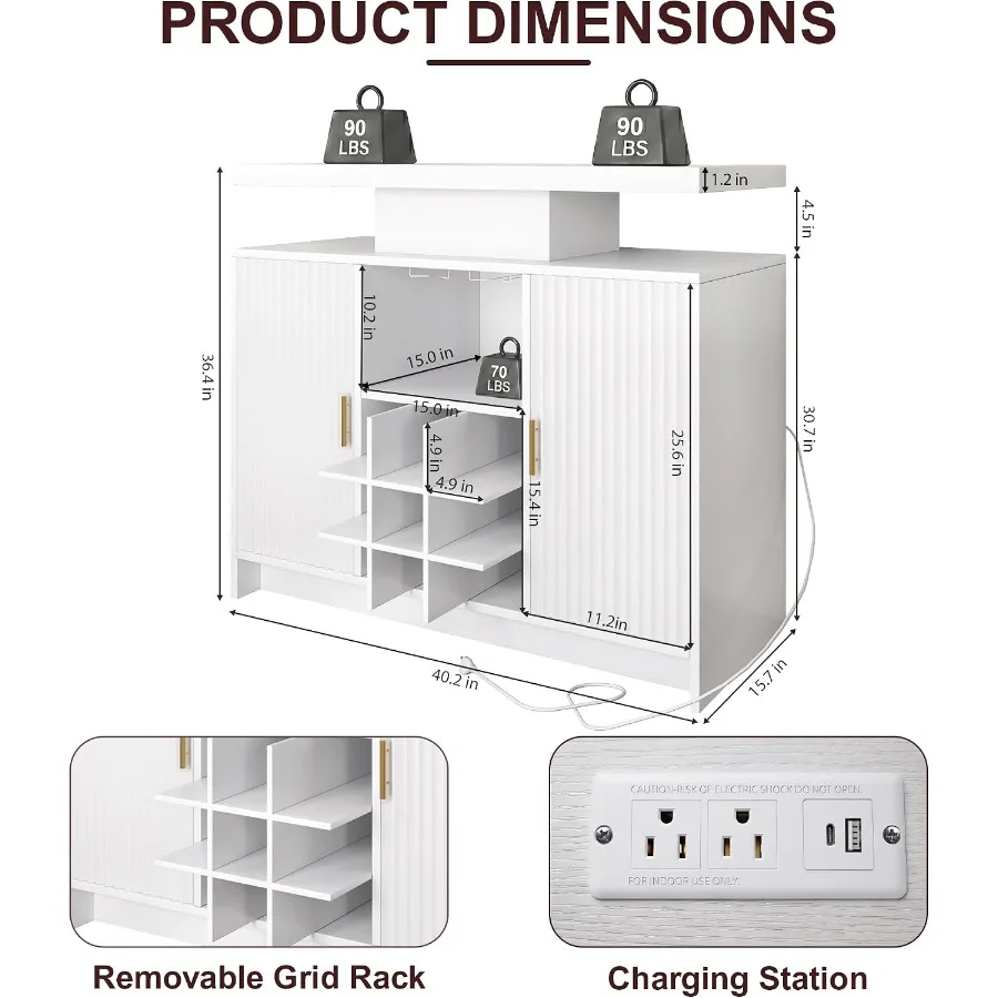 Coffee Bar Cabinet, Wine Storage with Power Outlet and LED Lights