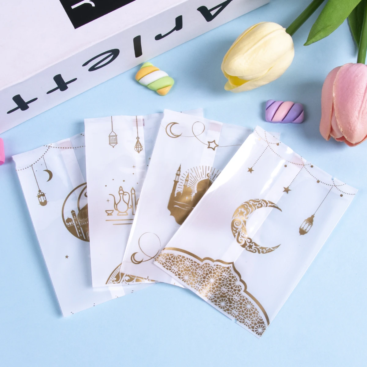 100 Uds. Bolsas de galletas de Ramadán, bolsa de embalaje para hornear dulces de turrón con sello caliente, decoraciones Eid Mubarak 2025, suministros para fiestas musulmanas islámicas
