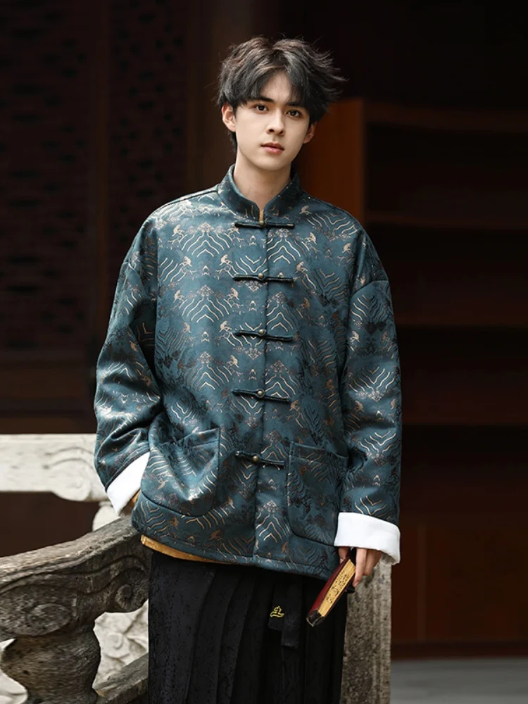 

Новая китайская мужская куртка-жакет с золотой вышивкой, весенне-осеннее молодежное пальто Ханьфу с пуговицами, дышащая верхняя одежда с длинными рукавами