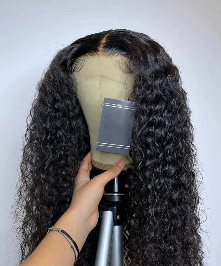 Peruca dianteira longa e encaracolada para mulheres, cabelo preto do bebê, resistente ao calor, sem cola, peruca diária pré-arrancada, 180 densidade, 26"