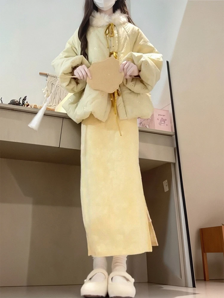 새로운 중국 스타일 겨울 패션 세트, 자수 면 재킷 치파오 드레스 투피스 수트, 따뜻한 플루드 디자인