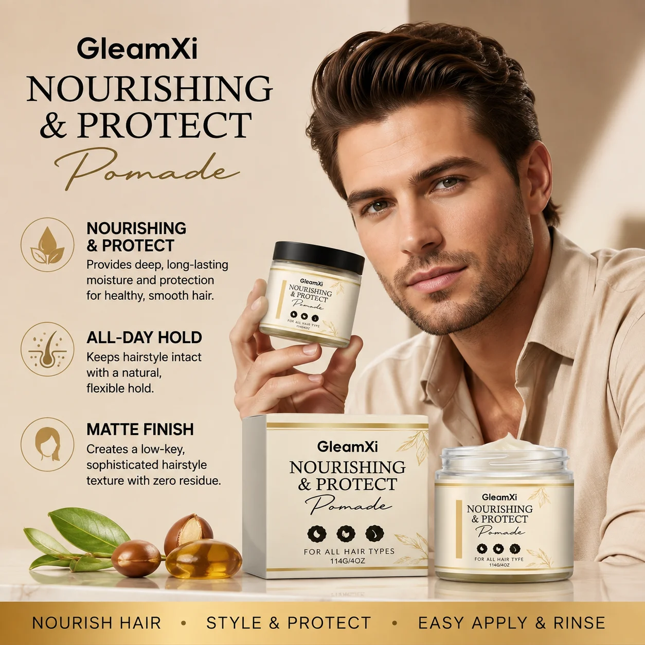 GleamXi Nourishing & Protect Pomade Relieve Dryness Define Hairstyle Strengthen Hair Non‑Greasy All‑Day Hold Hair Styling Pomade
