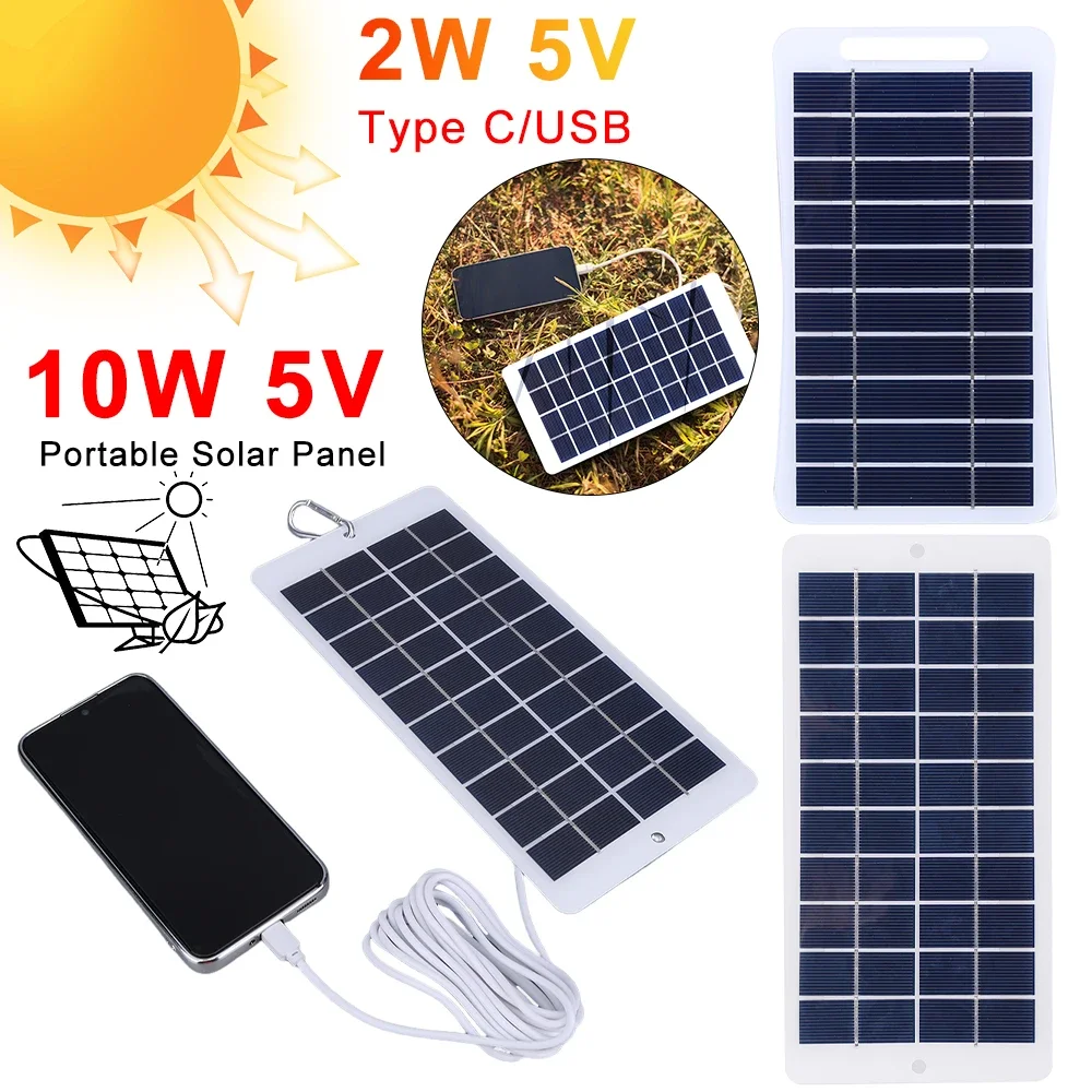 10W/2W Portable Solar Panel 5V Type C/USB Battery Charger Power Emergency Panel MobilePhone Power Bank For Camping Hiking Travel