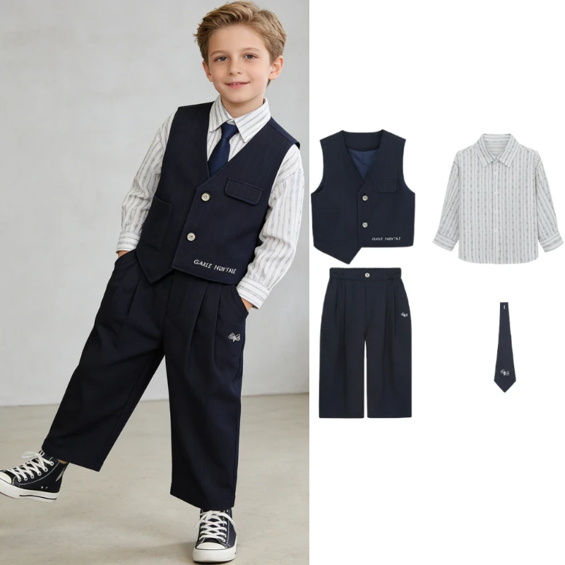 

Boys Formal Suit Set Khaki Vest Striped Shirt Elastic Waist Pants Tie Gentleman Outfit for Wedding Party Birthday Performance