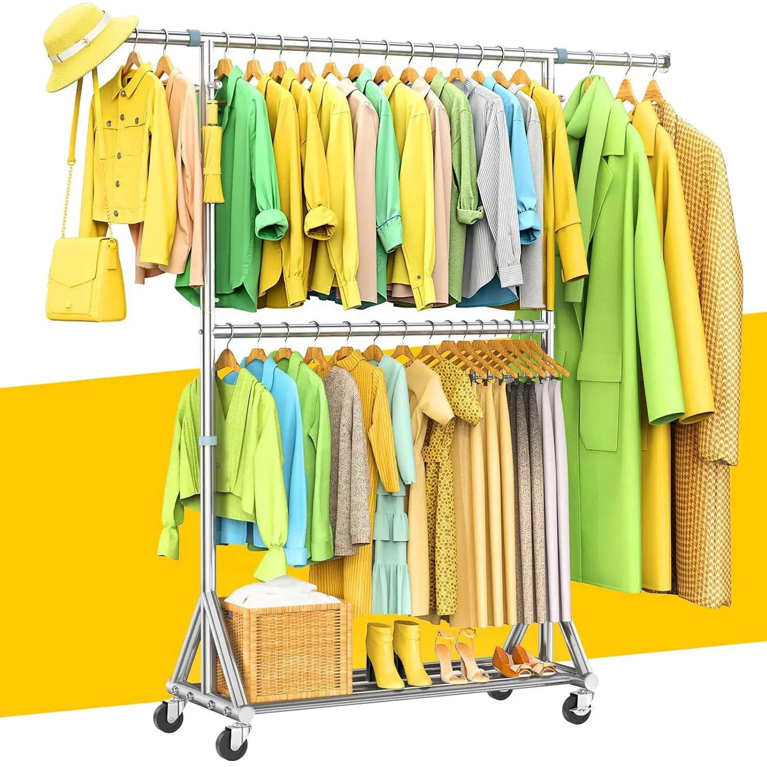 Heavy Duty Double Rod Clothing Rack 860LBS, Adjustable Portable Rolling Rack With Wheels, Closet Organizer, Customized