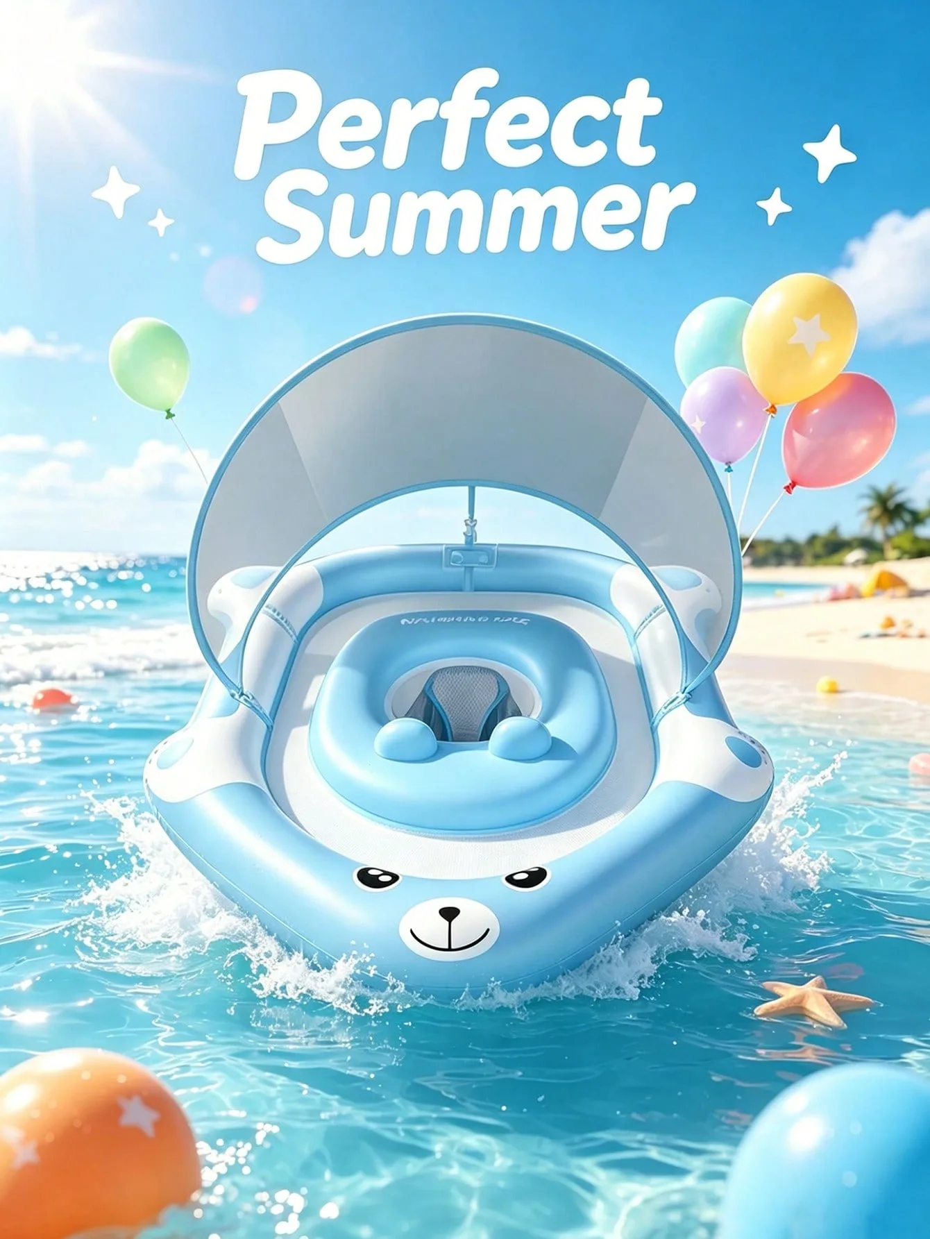 Cartoon Bear UPF 50+ Sun Canopy Minimalist Cute Inflatable Baby Pool Float Toddler Swimming Ring Infant Water Play Lounge Chair