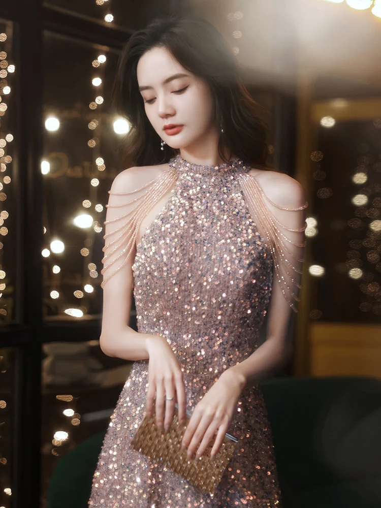 

iny Sequin Evening Dr ort Heavy Embroidery Host Luxury Adult Ceremony 2025 ort Korean Sle Crystal Bead mid Waist