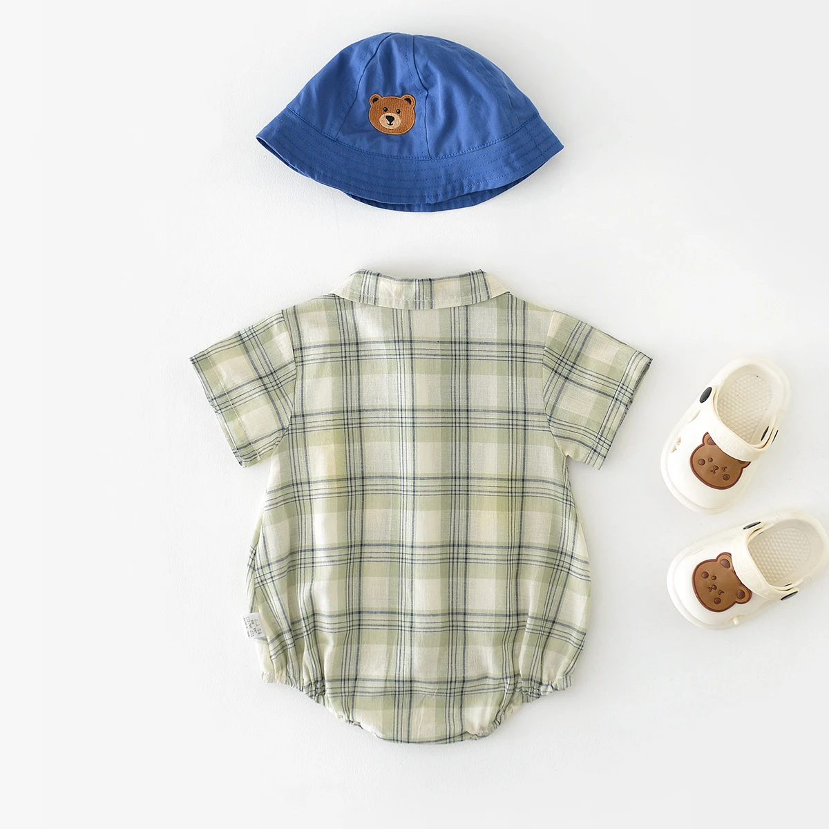 Summer Cute Green Plaid Infant Baby Bodysuits and Rompers Short Sleeve Linen Breathable Babe Boys and Girls One Piece Outfit