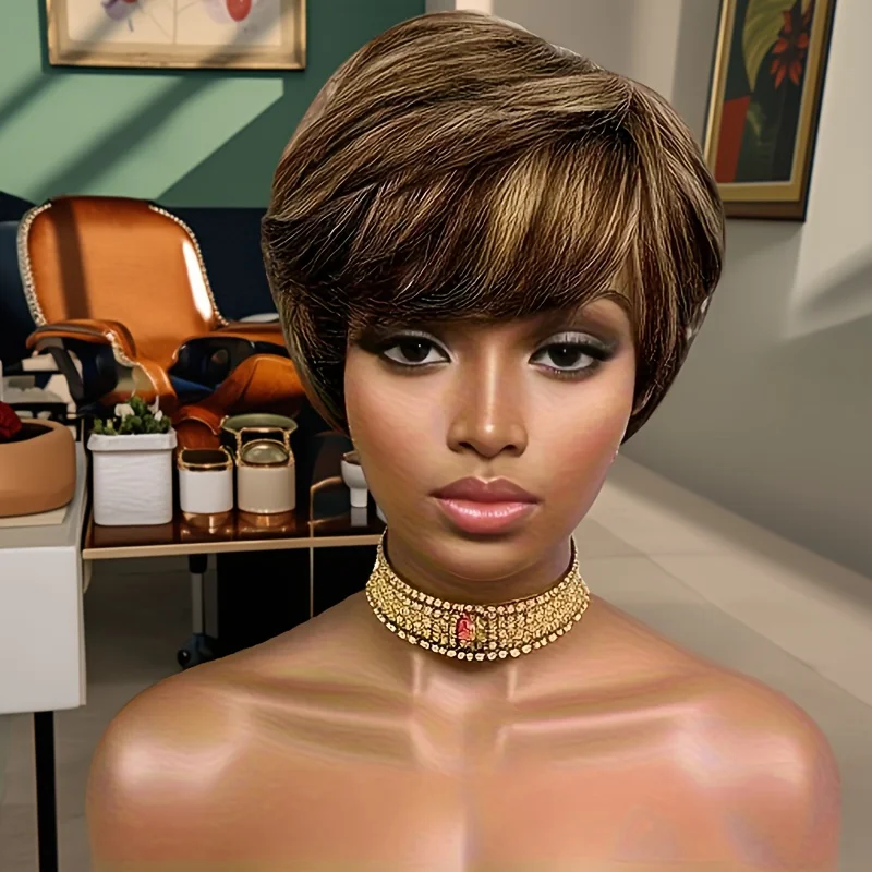 하이라이트 금발 픽시 컷 가발 인간의 머리카락, 여성용 짧은 픽시 가발 가발, 여성용 직선 인간의 머리카락 가발