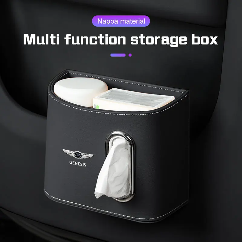 

For Genesis GV70 G70 G80 G90 EQ900 GV80 GV60 GV90 X Leather Car Door Storage Box Napkin Case Backrest Cup Organizer Tissue Bag