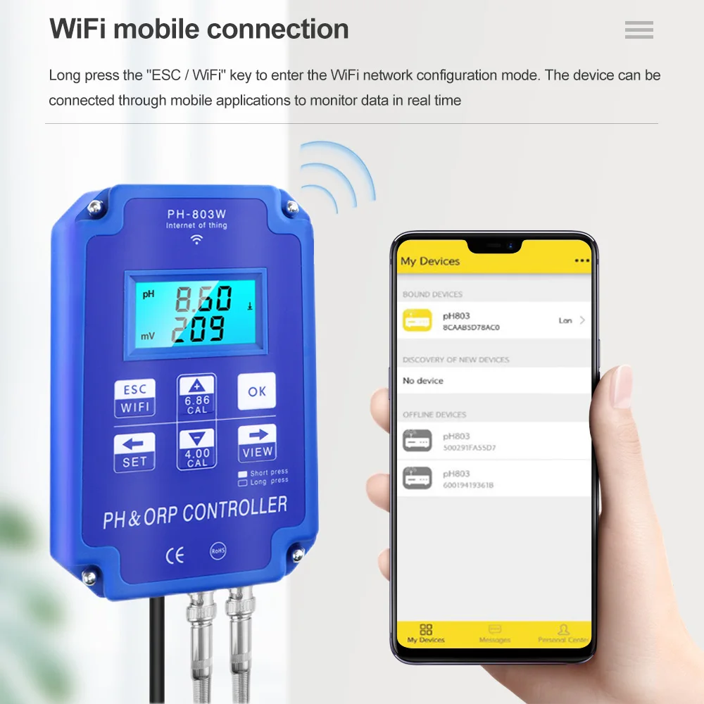Imagem -02 - Qualidade da Água Tester para Hidroponia Aquarium ph e Orp Controlador Wifi ph Meter Bnc Sonda Substituível em 110v 220v Ph301
