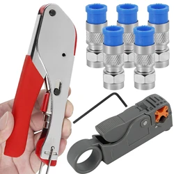 Coaxial Cable Crimping Pliers Set Coaxial Wire Stripper for RG59/RG59 Quad/RG6/RG6 Quad with 5F Type RG6 Compression Connectors