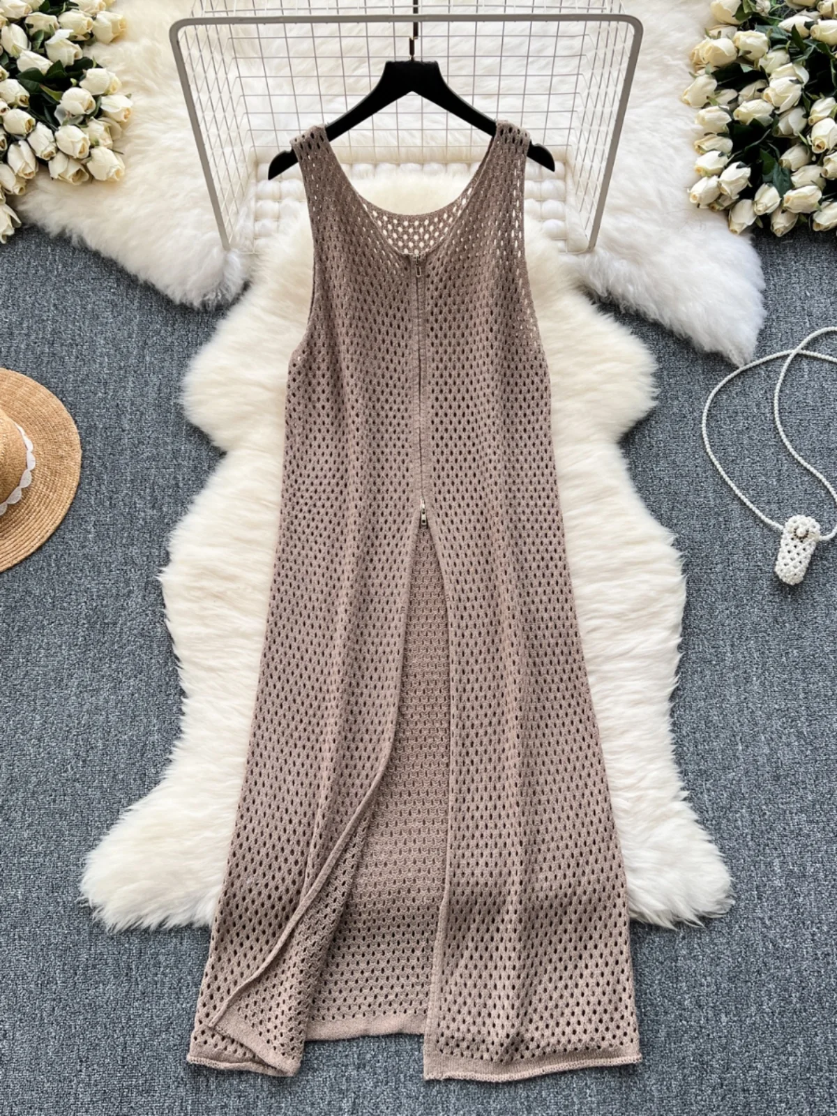 Vestido Longo de Tricô Estilo Coreano para Mulheres, Sem Mangas, Cintura Alta, Saia Midi em A, Design de Camadas com Zíper e ...