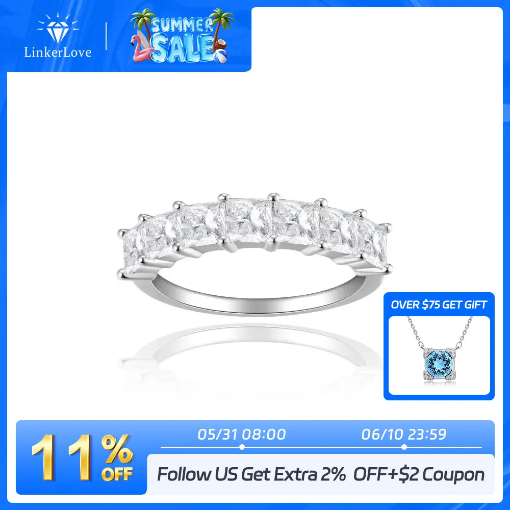 LinkerLove Half Halo Mossanite Ring Princess Cut Diamond Wedding Band for Women S925 Sterling Silver Promise Ring Party Jewelry