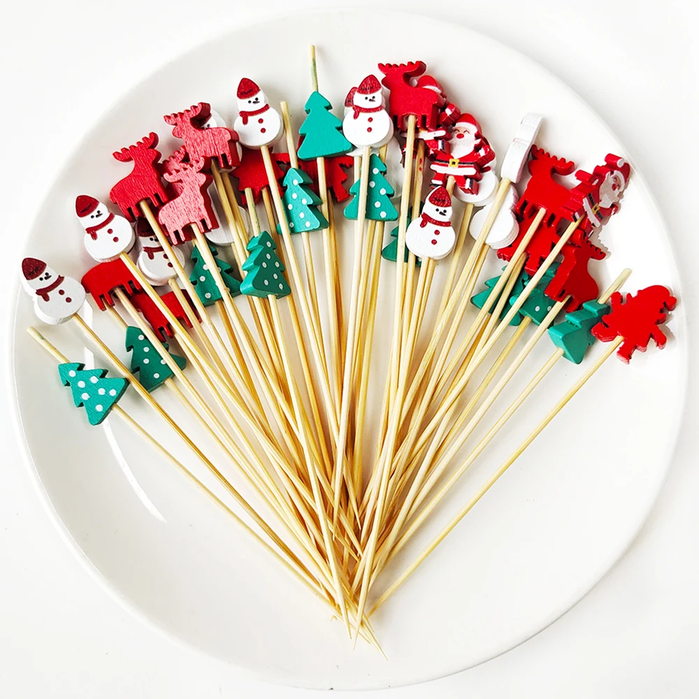 100Pcs Christmas Disposable Bamboo Skewers Santa Xmax Tree Fruit Fork Buffet Dessert Cocktail Sticks Christmas Decoration 2024