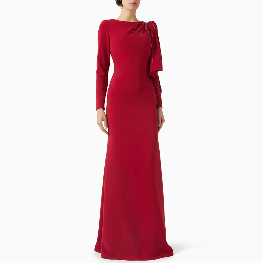 

Red Modest Evening Dress Customized Round Neck Long Sleeves Beading Back Slit Mermaid Prom Gown Saudi Arabian Party Dresses