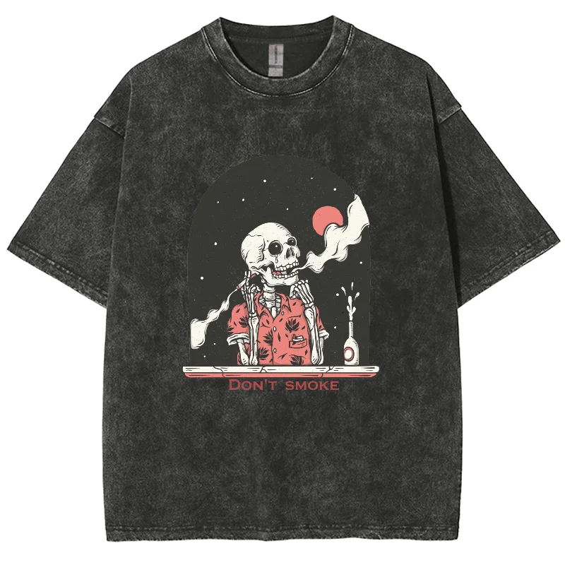 Amerikaanse Vintage Skull Print T-Shirt Unisex Mannen & Vrouwen Mode Oversized Losse Wash Korte Mouw Fashion Design Ronde Hals Top