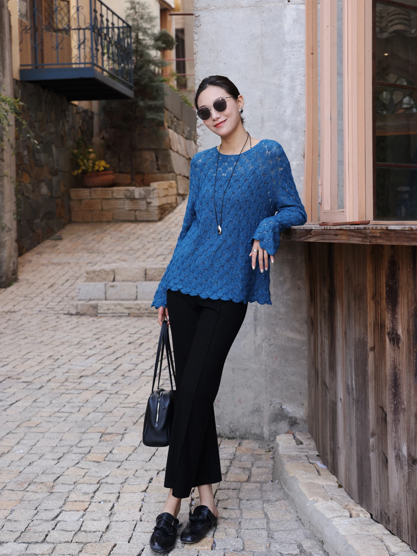 

Loose Knitted round Neck Hollow out Flared Sleeve Top Women's Casual Style Summer New Fashion Breathable Soft Wool Blend