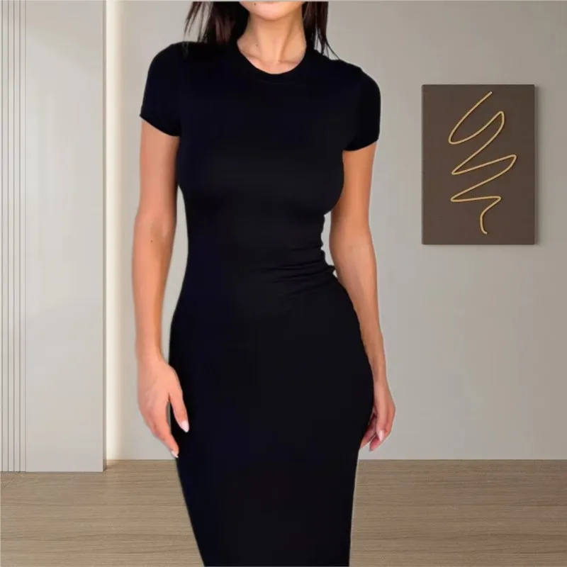 

Spring Summer Women's Slim Long Dress Solid Color O Neck Short Sleeve Elegant Dress Casual Comfortable Single Piece Dress