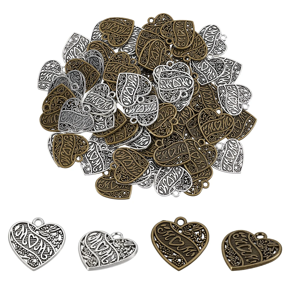 70Pcs Mom Heart Charms Bronze and Silver Love Shaped Word Mom Pendants Love Heart Dangle Charms for Jewelry Making Necklaces