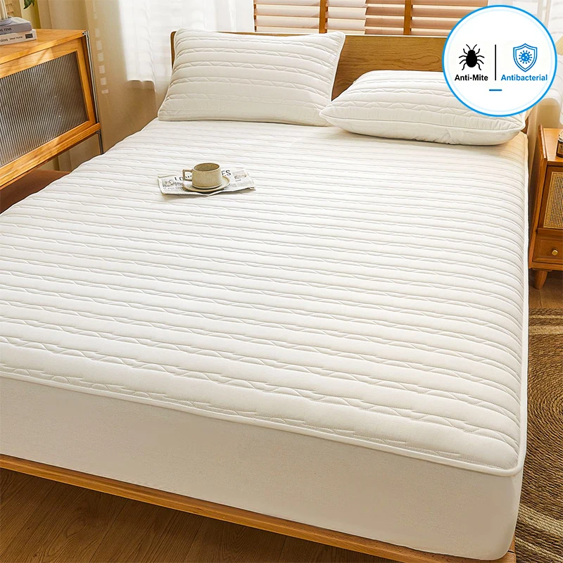 Breathable Antibacterial Fitted Mattress Pad Cover Quilted Mattress Protector Anti-Dust Mite Deep Pocket Noiseless Non-Slip