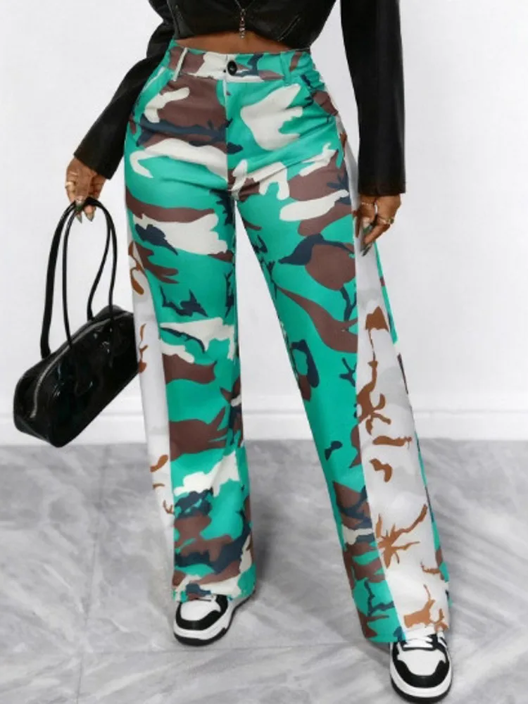 Pantaloni da donna con stampa mimetica lucida Pantaloni a vita alta da lavoro d'ufficio Lady Pantaloni autunnali a figura intera Capris 2026 Primavera Estate