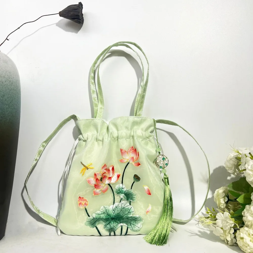 

Elegant Chinese Style Drawstring Bucket Bag Organza Sweet Hanfu Embroidery Handbag Ethnic Style Lanyard Small Purse Bag Shopping
