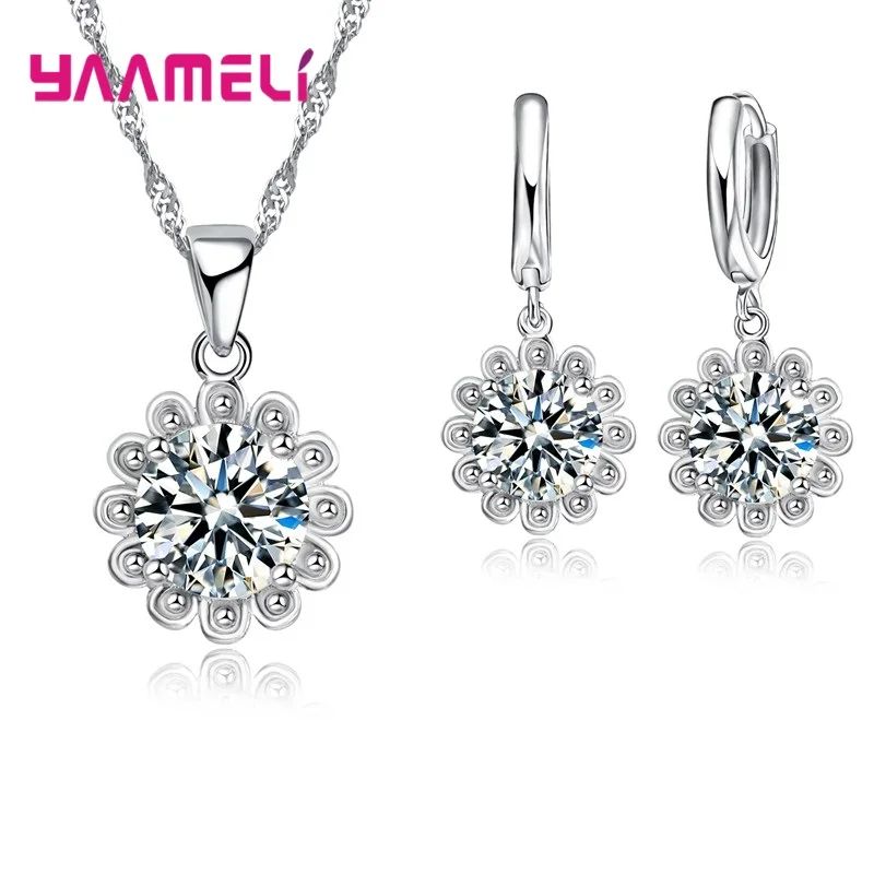 Cheap Sale 925 Sterling SilverCrystal Flower Square Pendant Necklace Earrings Jewelry Set For Women Girls Wedding Engagement